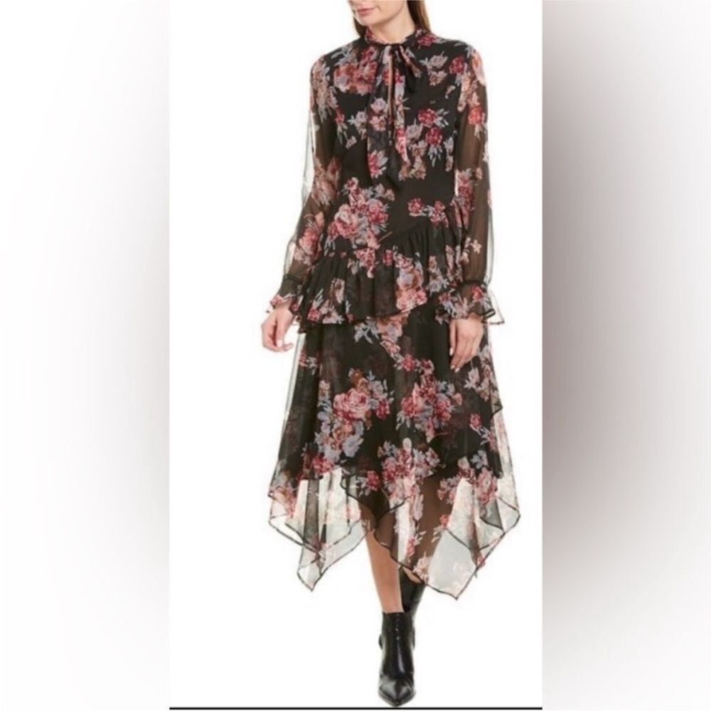 Walter Baker Asymmetrical Floral Dress in Black and Red, US2